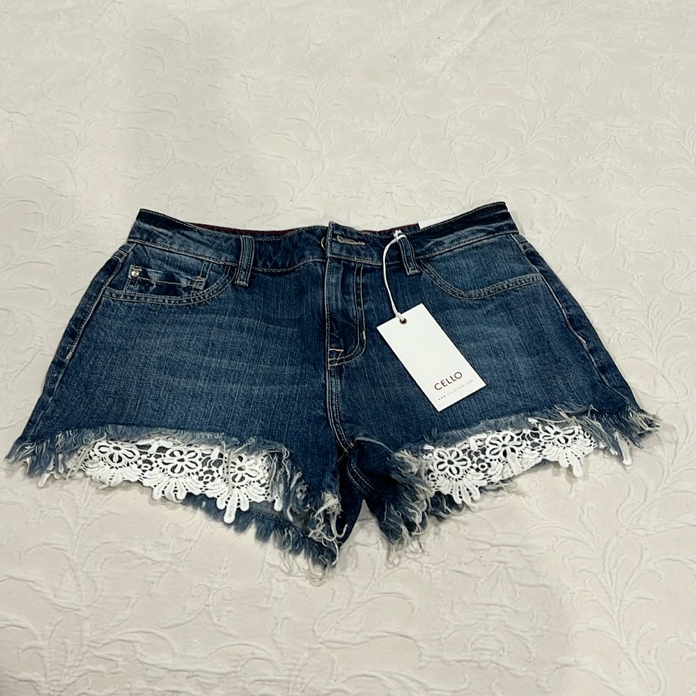 Size medium Cello brand denim shorts with crochet detail
